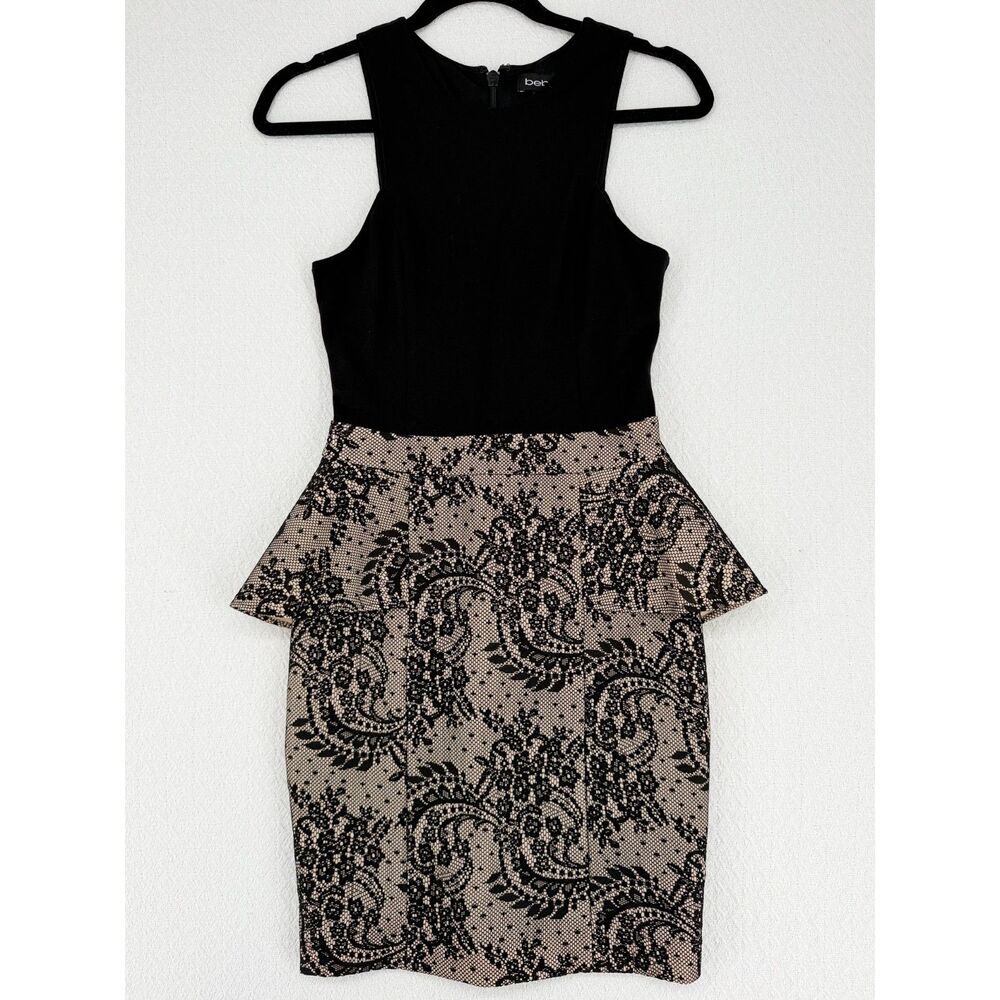 Bebe Black Gold Lace Dress Womens S Baroque Metallic Peplum Bodycon Sheath Party